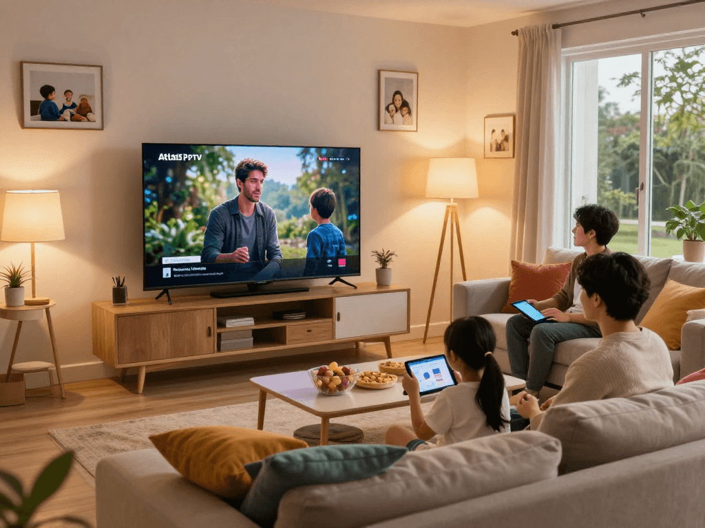 Atlas Pro IPTV : famille profitant de l'expérience de streaming confortablement.
