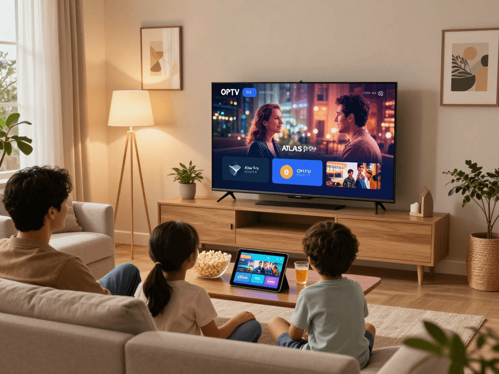 Une famille profitant de l'application atlas pro ontv sur la télévision dans un salon moderne.