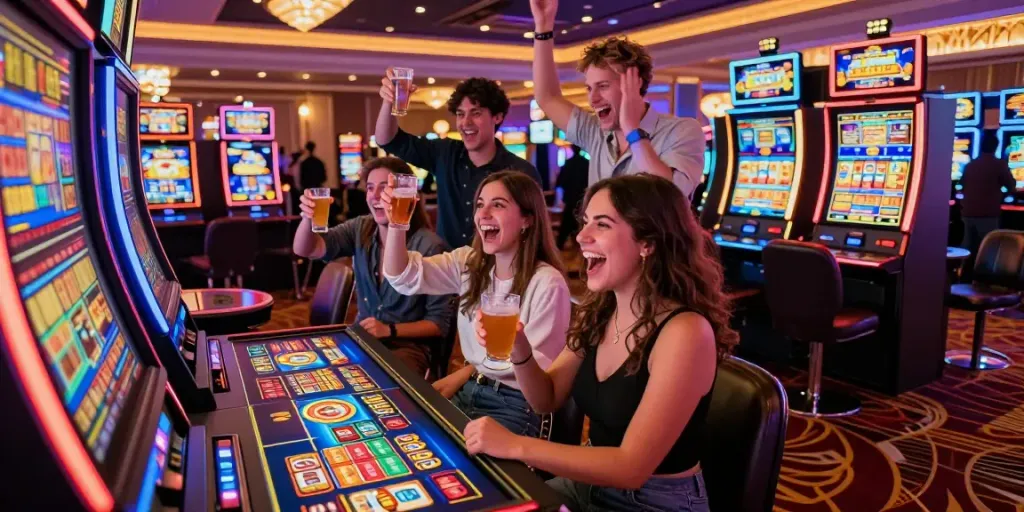 Keberuntungan besar di slot88, teman merayakan kemenangan di mesin slot dengan suasana kasino yang meriah.