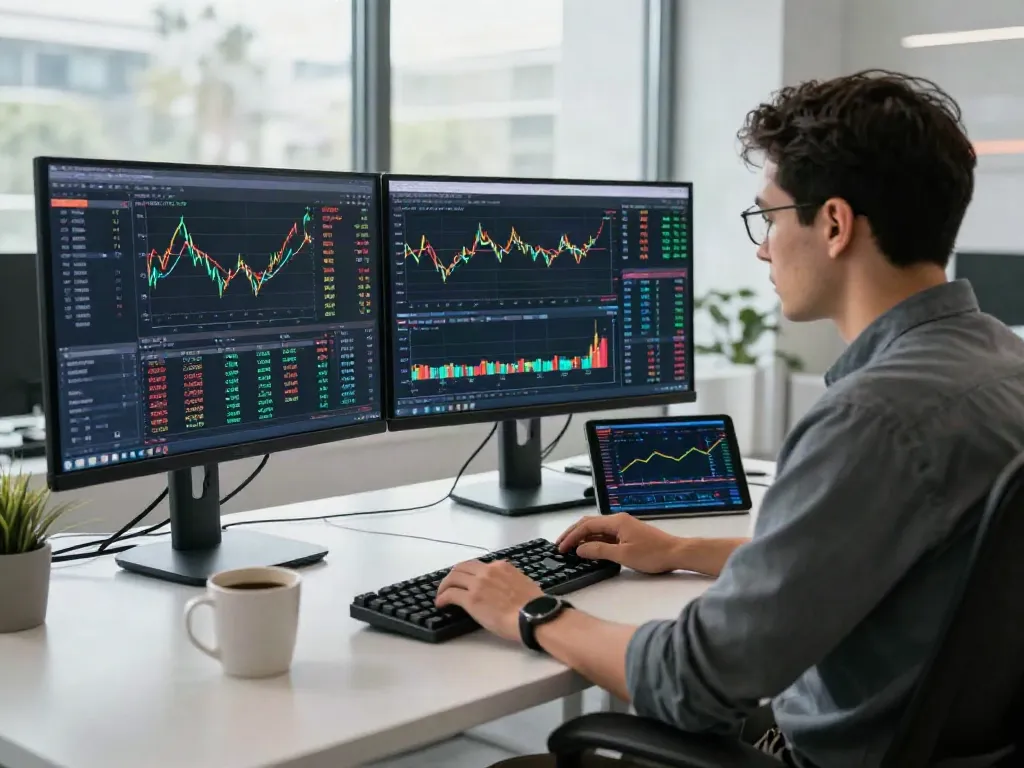 Interface d'Essor Invexaro affichant des signaux de trading sur plusieurs écrans dans un environnement de bureau moderne.