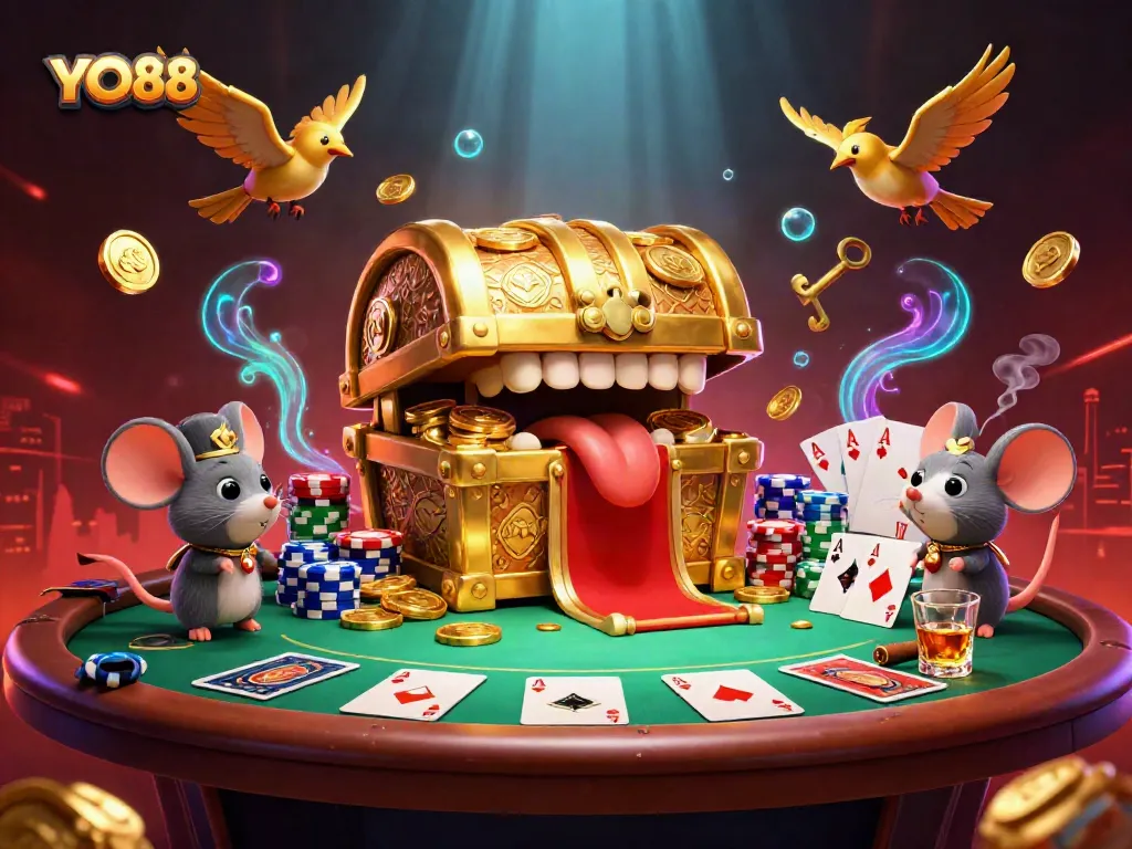 Experience YO88's vibrant casino atmosphere with a treasure chest and poker elements.