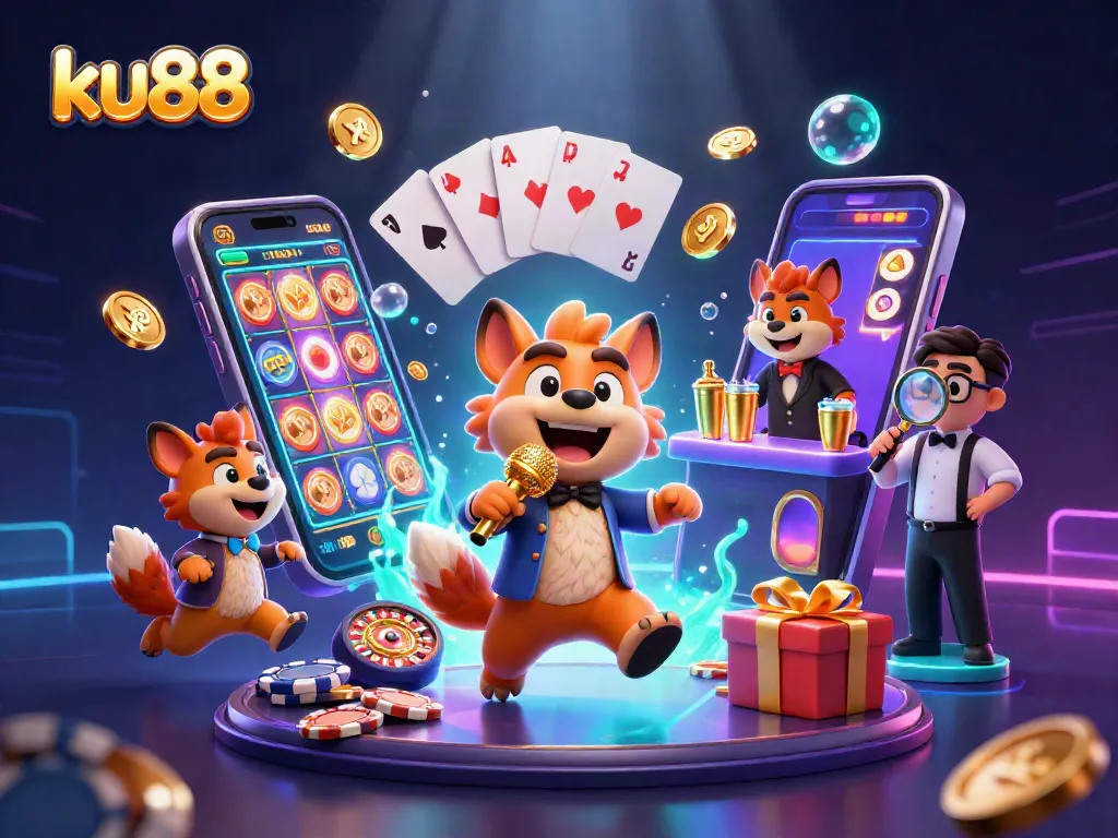 ku88 showcases a lively 3D casino scene with animated hyenas engaging in various comedic roles.