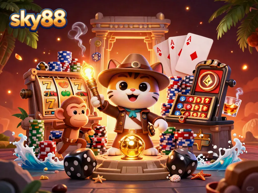 Experience thrilling gameplay at sky88 with dynamic slot reels and colorful poker elements in a captivating scene.