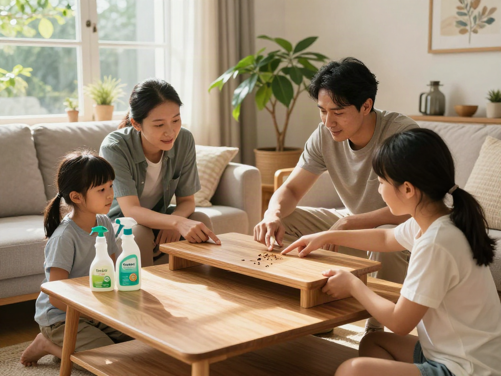 Shashel® traitement écologique du bois en action dans un salon familial chaleureux.