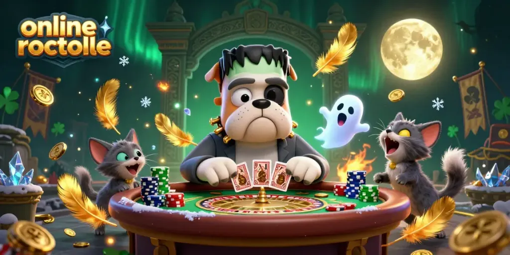 Experience thrilling online roulette action with playful characters in a vibrant, detailed casino scene.
