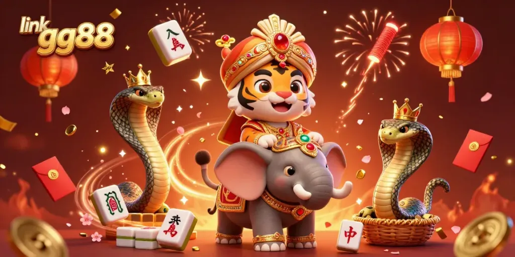 Experience the excitement of link gg88 with a scene featuring a maharaja tiger, jewel-encrusted elephant, and festive game elements.