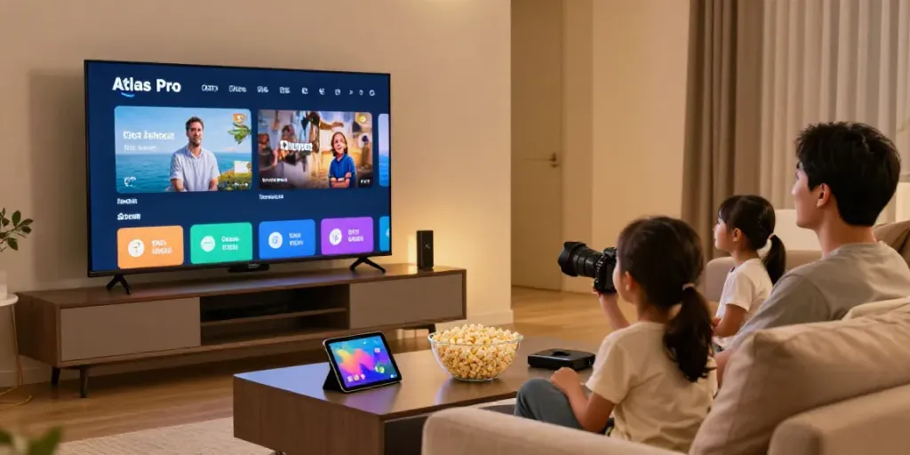 La famille profitant de l'application Atlas Pro sur leur Smart TV dans un salon accueillant.