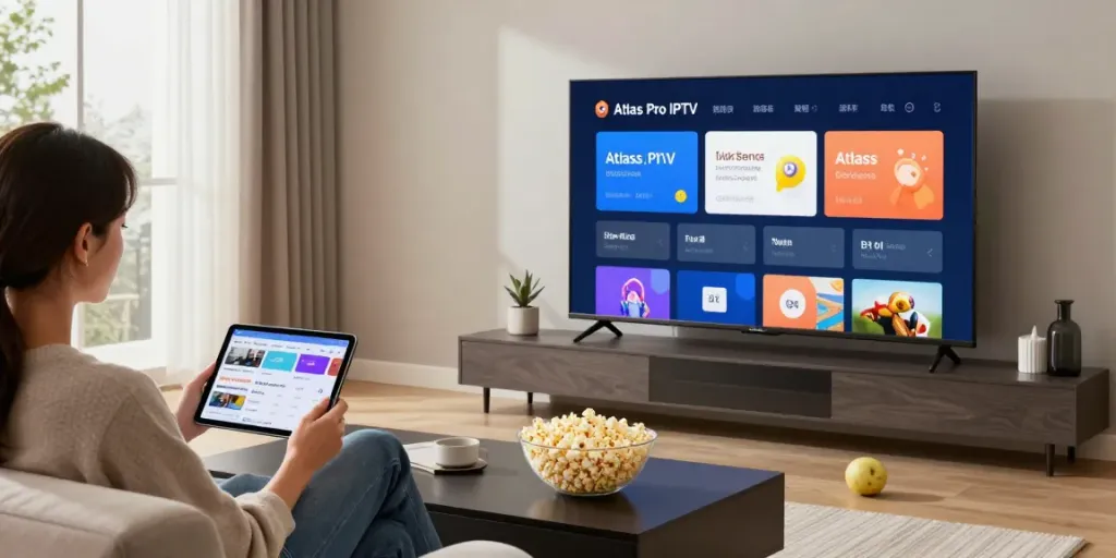 Interface de l'atlas pro iptv sur un téléviseur dans un salon moderne avec une ambiance accueillante.
