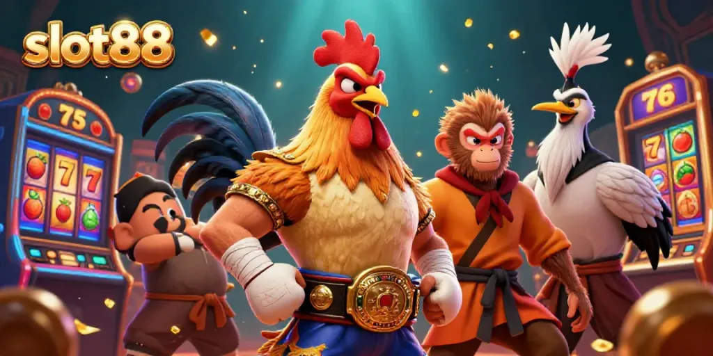 Engage with slot88 through an exciting casino scene with colorful slot reels and dynamic characters.
