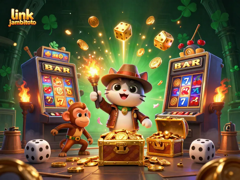 Experience thrilling moments with link jambitoto as the cartoon cat explores a treasure-filled casino.